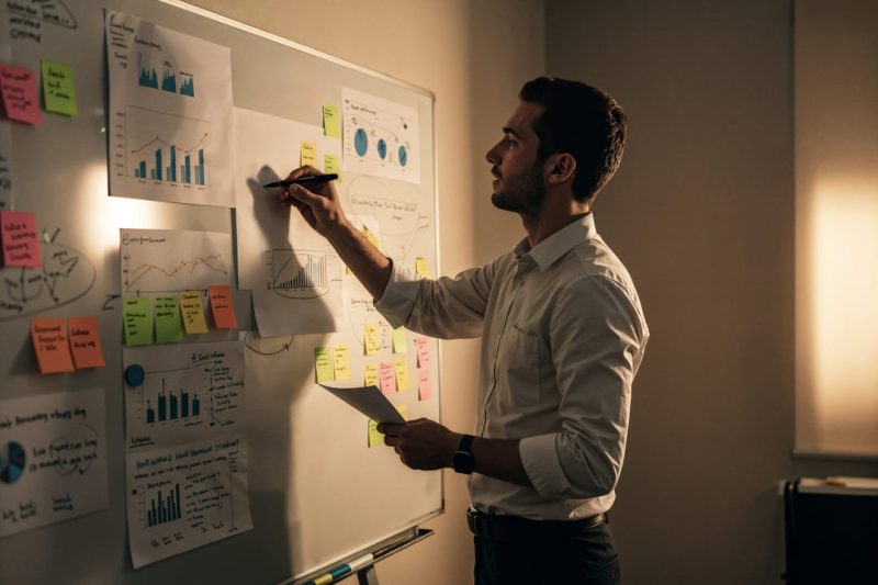 Homem jovem, de camisa social branca, analisa gráficos e anotações em um quadro branco, com diversos papéis colados, gráficos de desempenho e post-its coloridos. A luz do fim do dia entra pela janela, criando um clima concentrado e estratégico.