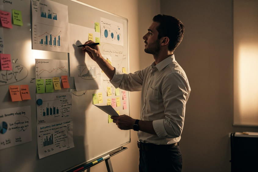 Homem analisando gráficos e anotações em um quadro branco, em ambiente corporativo com pouca luz natural.